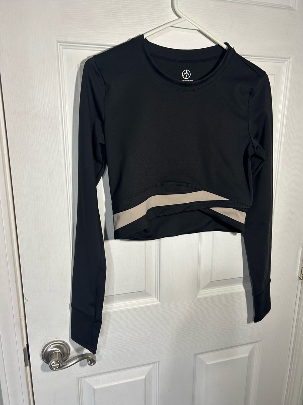 Move Theology Long Sleeve Black Crop Top Taupe Cross Stripe Thumb holes Sz Large - Picture 2 of 8